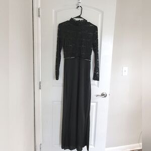 Black long sleeve long dress with see through lace top